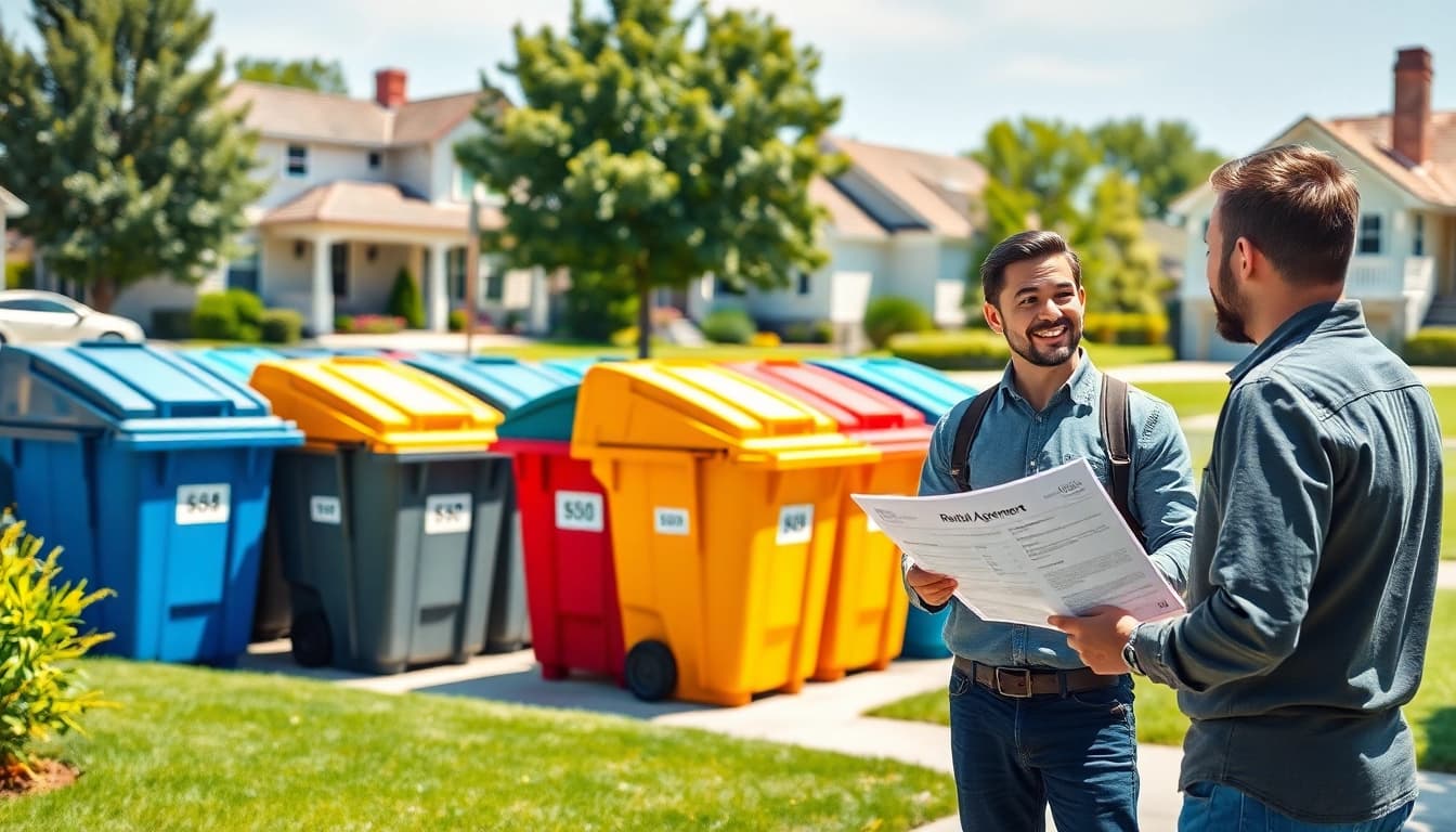 Customer inspecting garbage rental bins in a sunny neighborhood with a friendly service representative.
