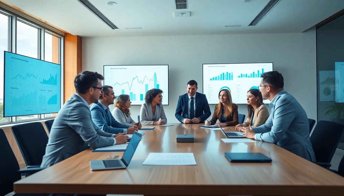 Engaged professionals discussing key Bid-No-Bid Analysis strategies in a modern conference room.
