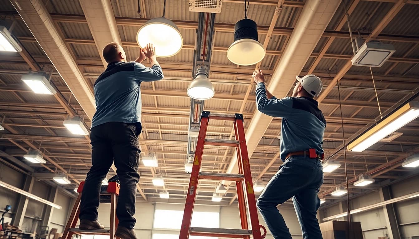 Enhance lighting maintenance services with professionals adjusting overhead fixtures in a commercial space.