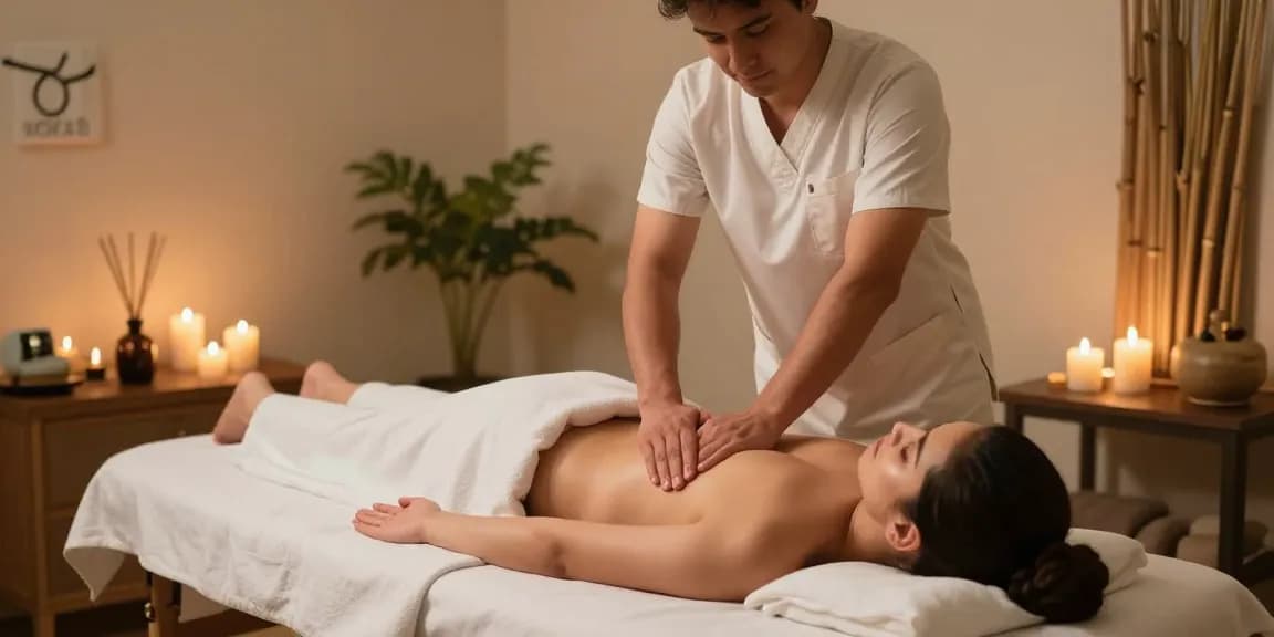 마사지로 편안한 힐링을 받고 있는 고객의 모습과 아늑한 스파 환경.