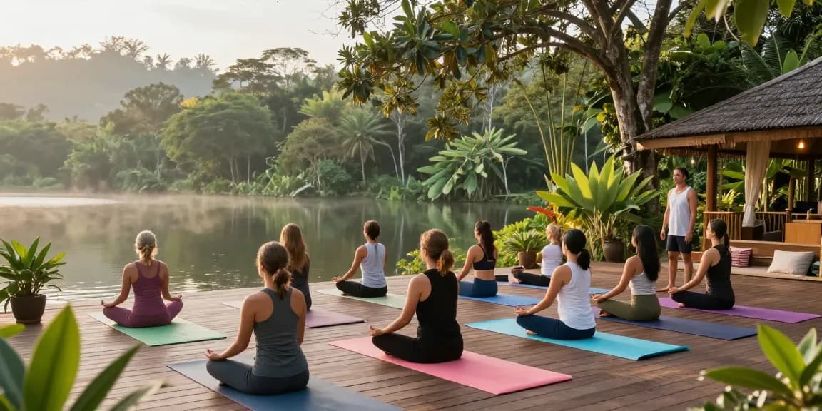 Lanka Yoga practitioners enjoying a sunrise yoga class by Koggala Lake, enveloped in nature.
