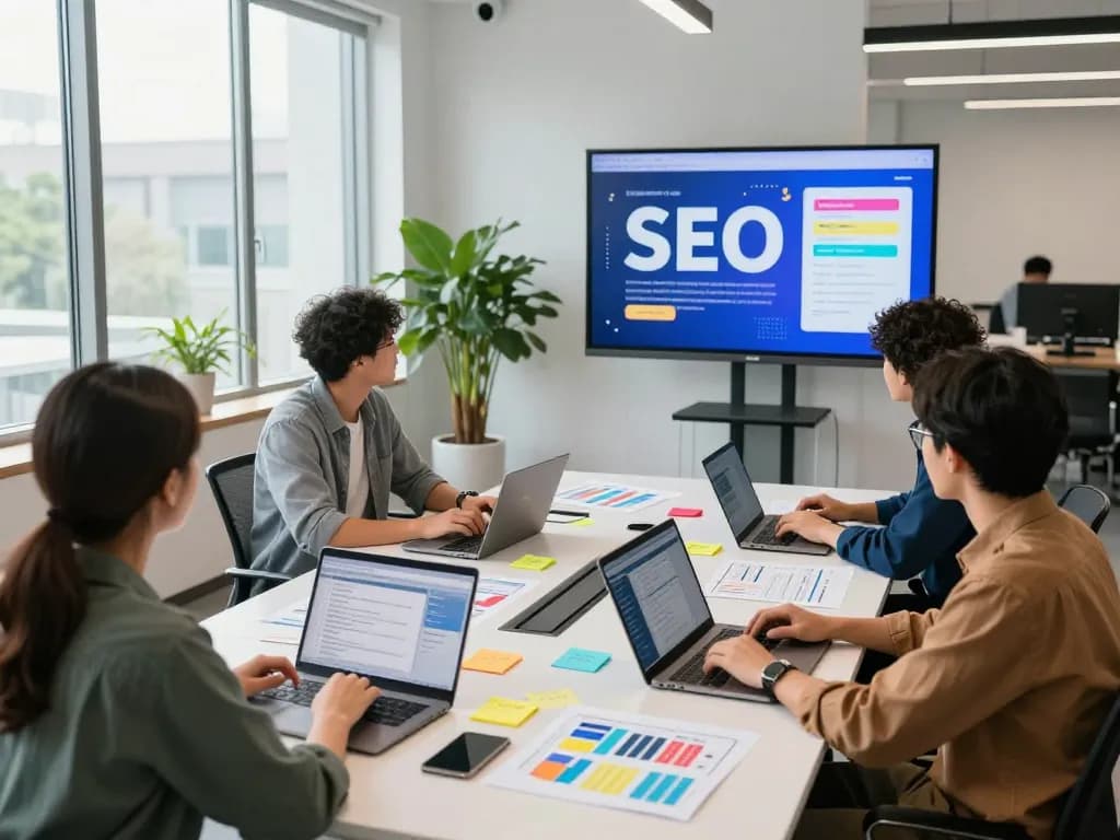 Team brainstorming SEO strategies in a vibrant office, representing the Best SEO Company NYC.