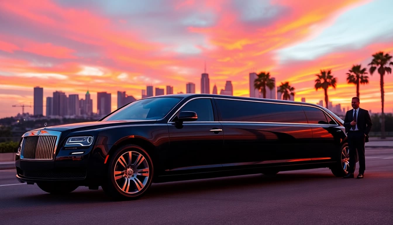 LA Limo parked in front of the stunning Los Angeles skyline at sunset, showcasing luxury and professionalism.