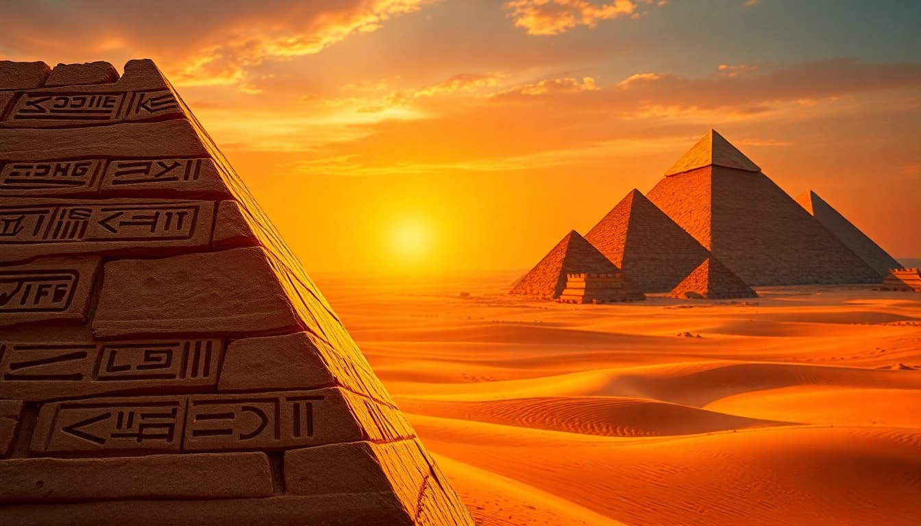 View Egyptian pyramids against a sunset sky with detailed hieroglyphs on https://piraminds.com/