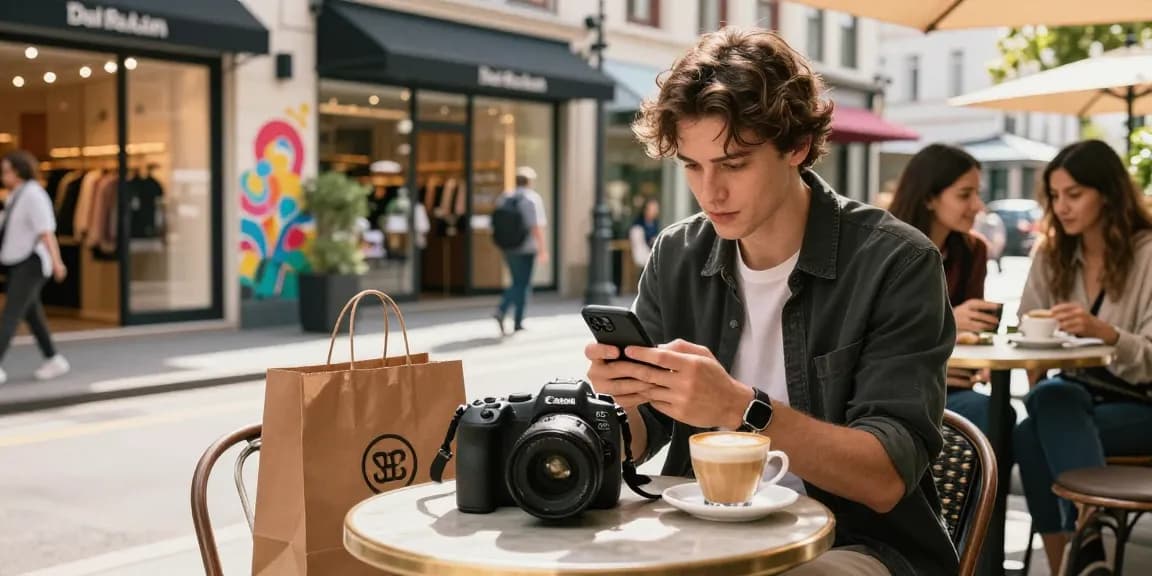 Stylish young man exploring a replica handbag on his smartphone at an urban café.