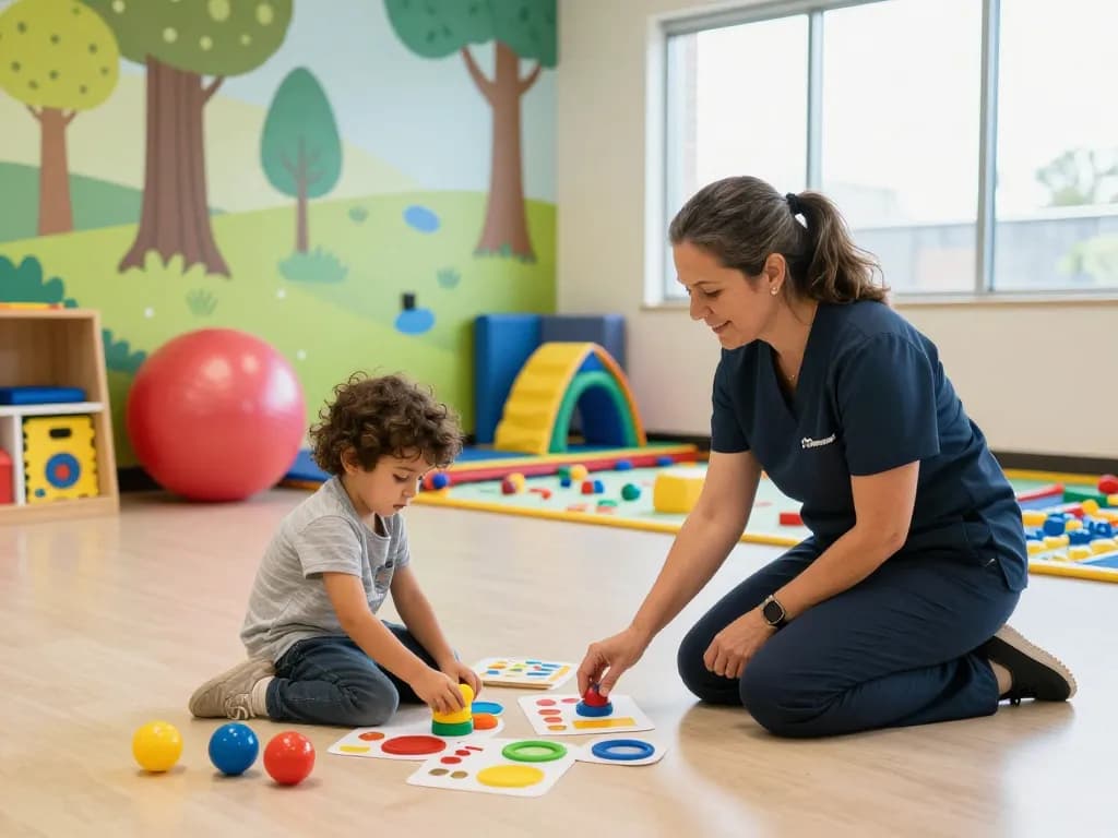 Engaging therapy session at Advantage Therapy Norwes, showcasing children’s therapists working with kids in a colorful, nurturing environment.