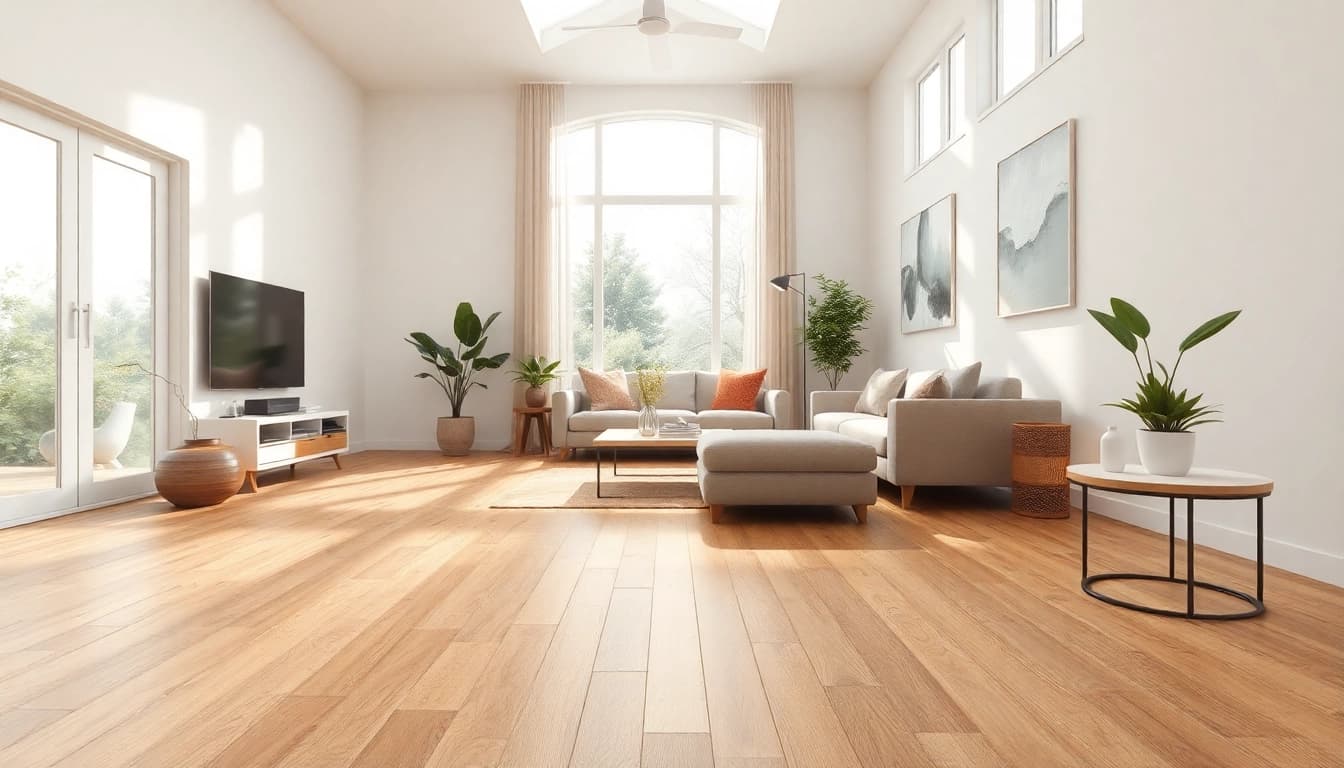 Explore waterproof vinyl flooring in a stunning modern living room setting with natural light.