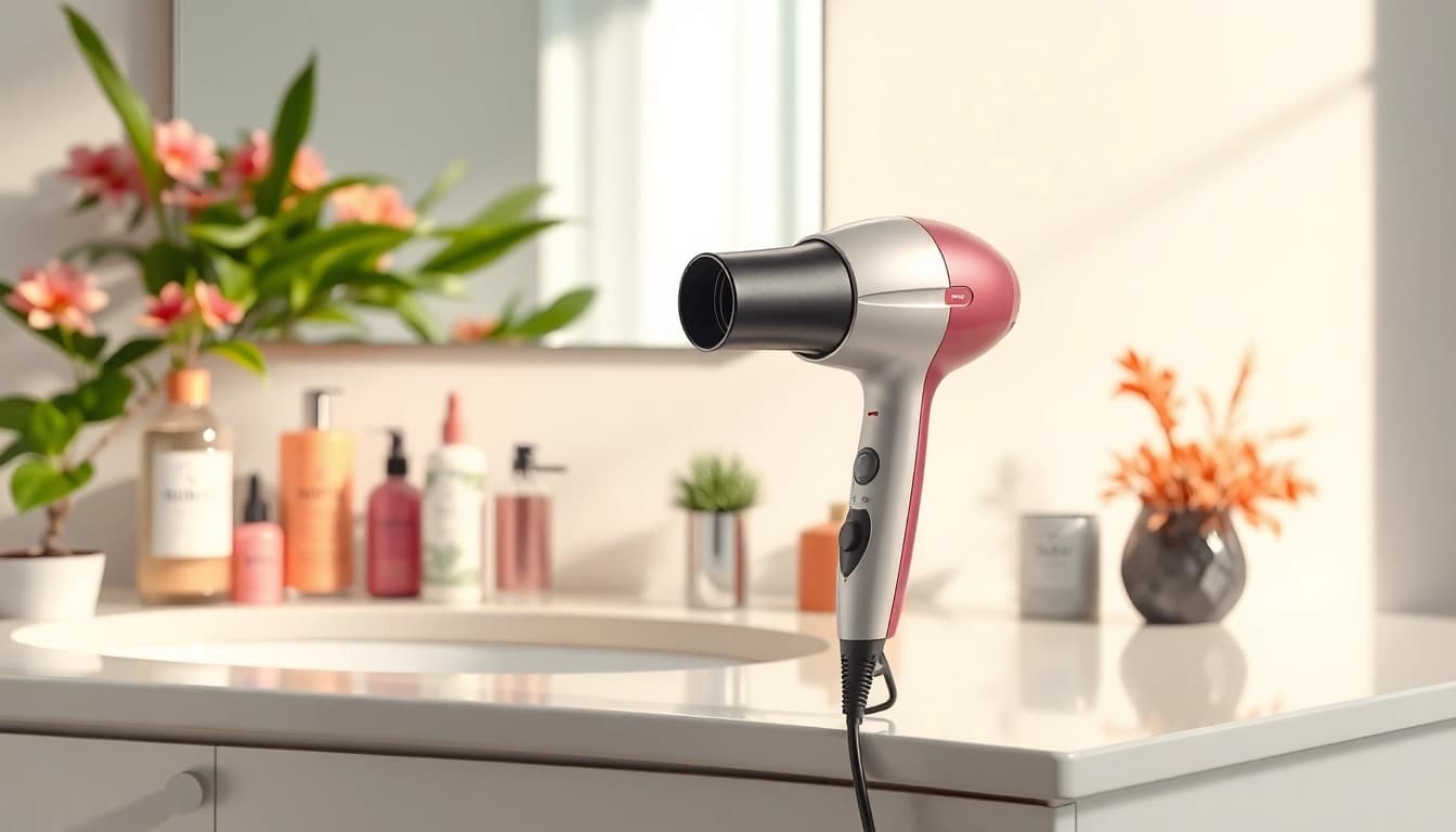 Frizzy hair dryer showcasing design features and products in a chic bathroom setting.