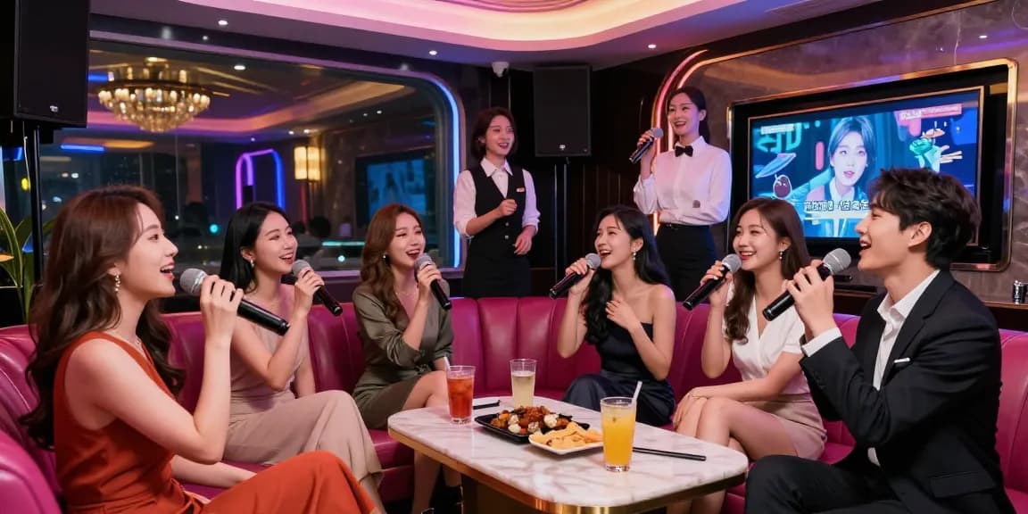 강남 가라오케에서 친구들과 함께 즐겁게 노래를 부르고 있는 모습