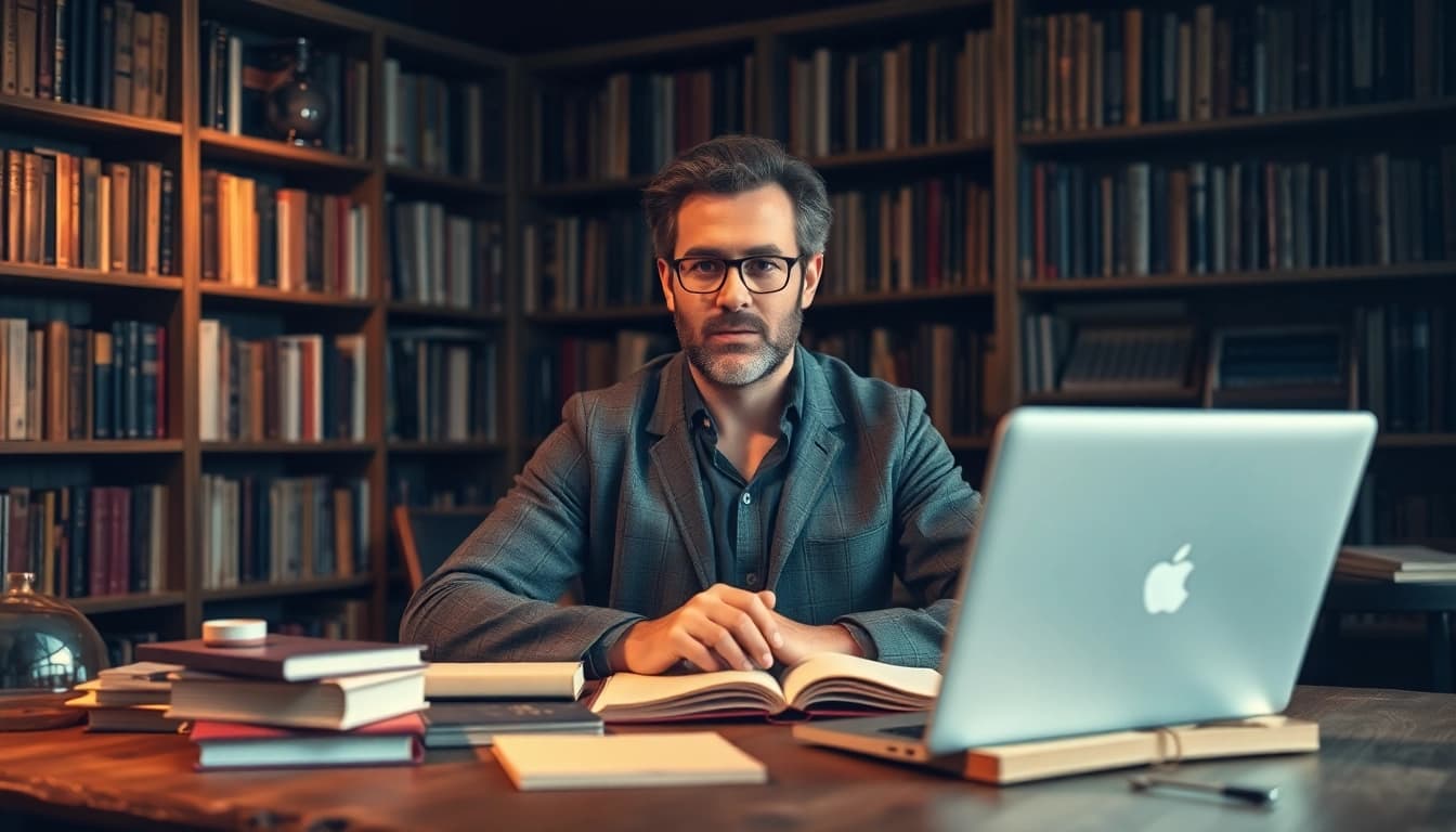 Author writing in a cozy library setting, with books and a warm ambiance.