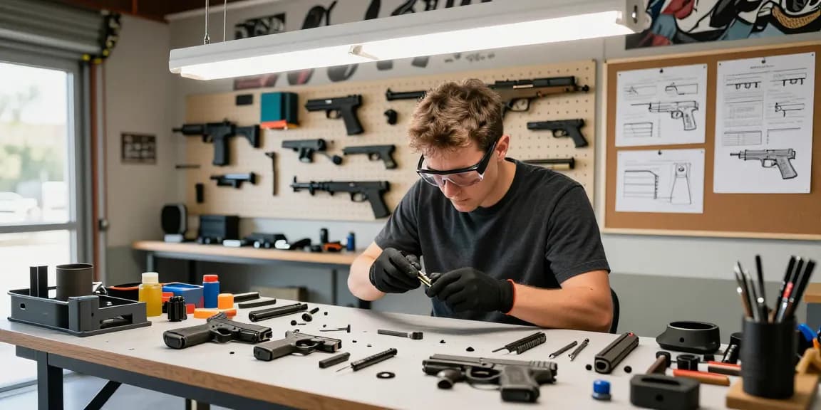 Assembling Glock slides at https://precisionglockslides.com with precision tools and parts in an enthusiastic workshop.