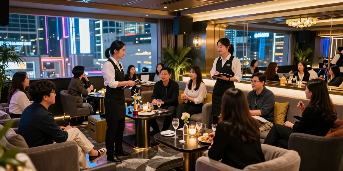 강남쩜오에서 프리미엄 서비스를 즐기는 고객과 전문 인력의 친절한 응대 모습