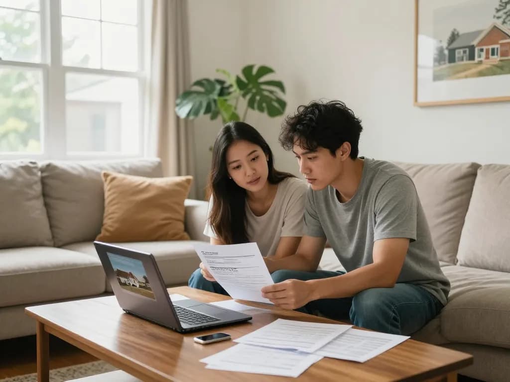 We buy houses for cash discussion in a cozy living room with a young couple reviewing offers.