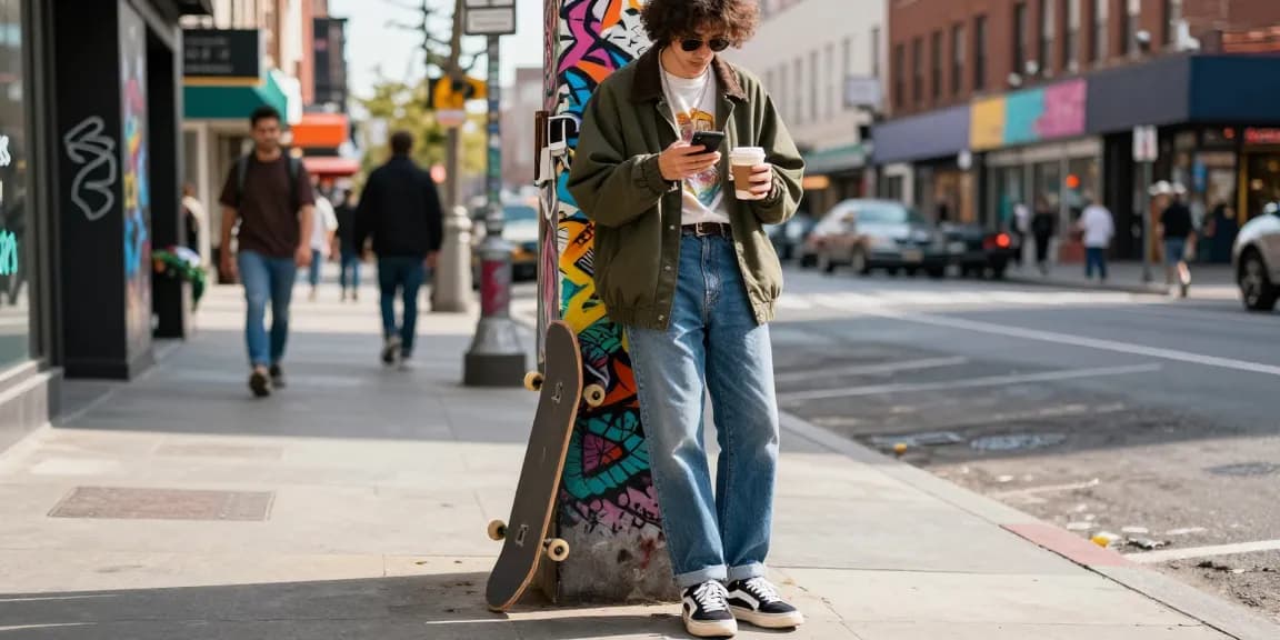 Trendy individual in urban fashion browsing smartphone on city street with storefronts and graffiti art, showcasing lifestyle elements.