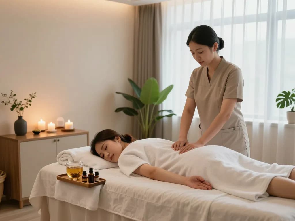 부드러운 조명, 허브 차, 스파 장식이 있는 편안한 동대문스웨디시 마사지 룸.