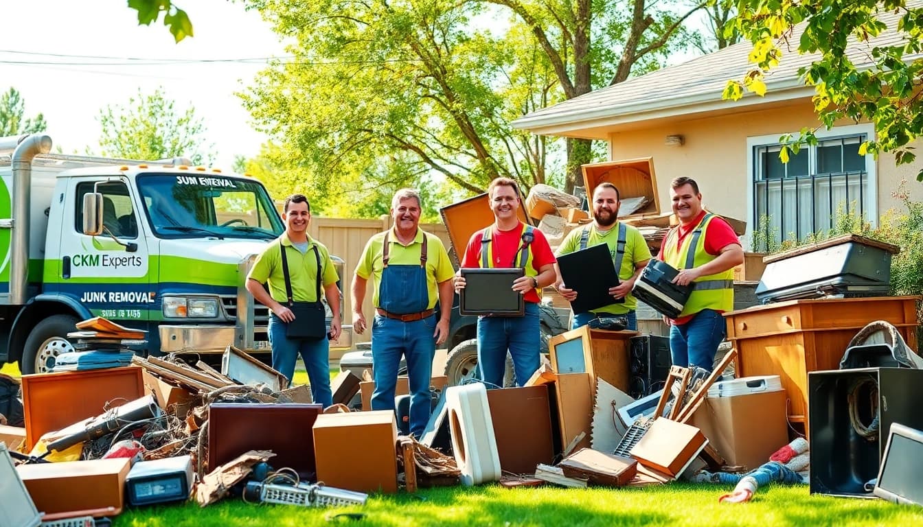 Efficient junk removal services by CKM Experts, showcasing a team clearing unwanted items in a residential yard.