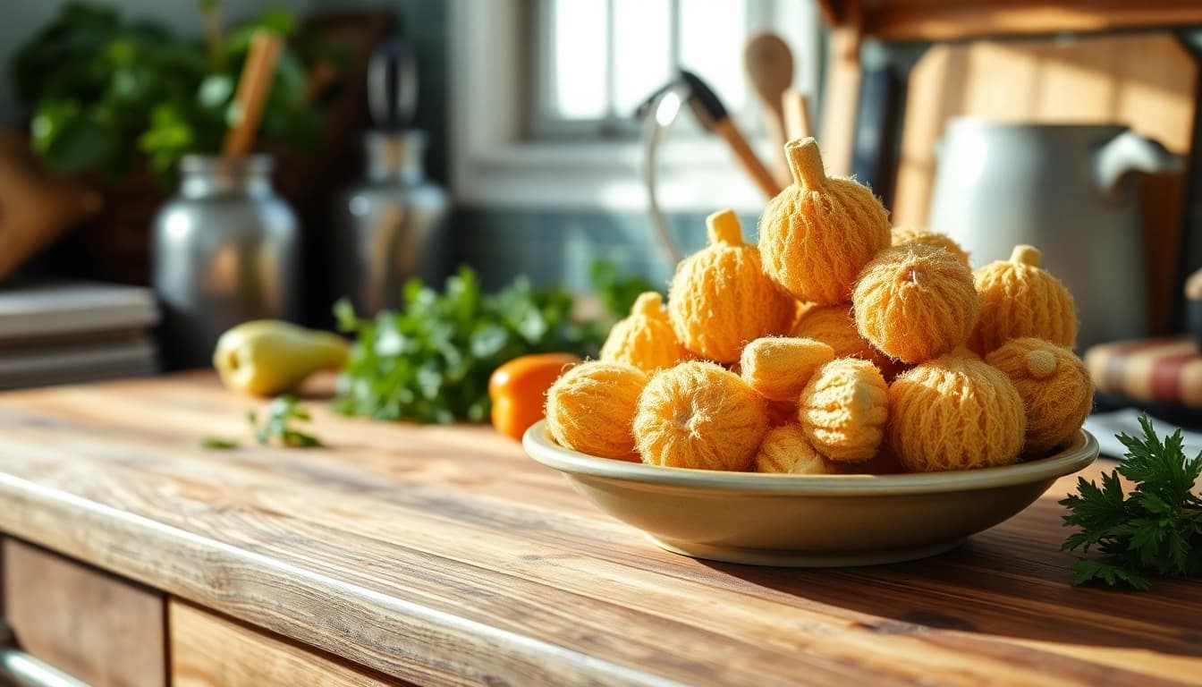 Highlighting kitchen loofah benefits through vibrant kitchen loofahs arranged with cooking herbs.