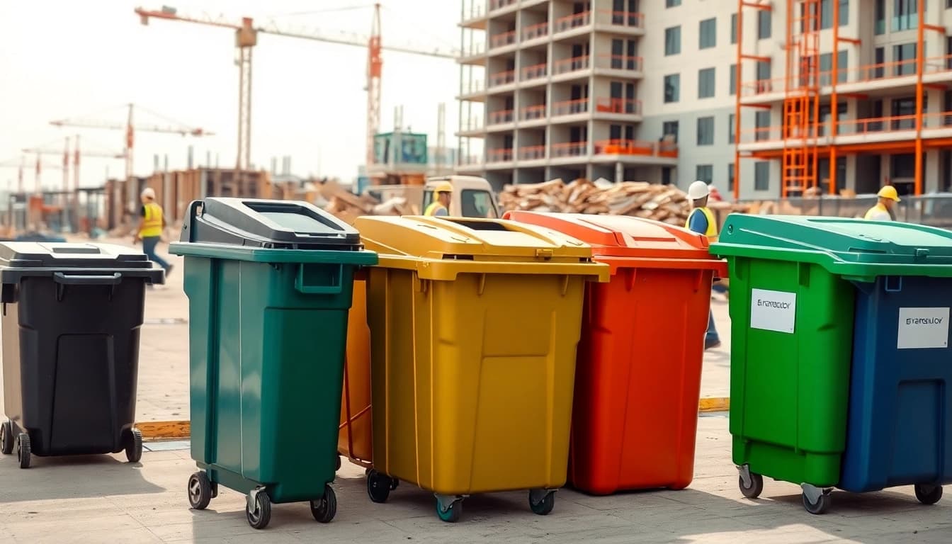 Highlighting various garbage rental bins set up efficiently at a construction site for waste management.
