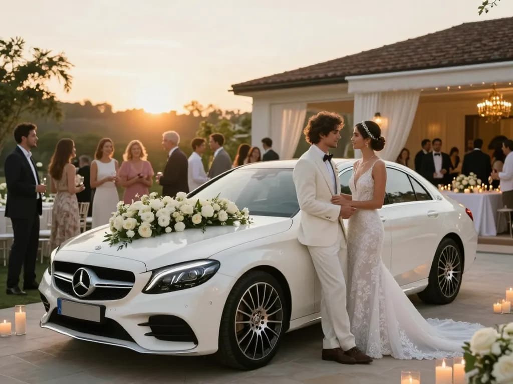 Thuê một chiếc xe Mercedes cưới cho một buổi lễ trang nhã với trang trí hoa và phông nền đẹp mắt.