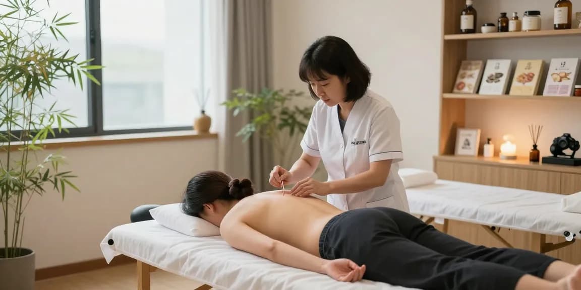 Healing session at 영통한의원 with acupuncture treatment in a calming clinic