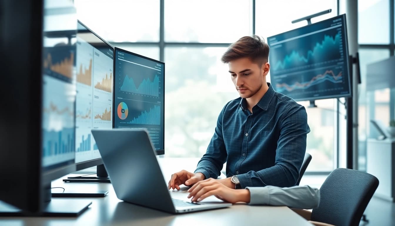 Engaged professional focusing on edmonton seo analytics in a modern office setup.
