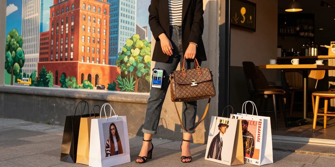 Stylish individual showcasing a luxurious 레플리카 handbag in a vibrant urban setting.