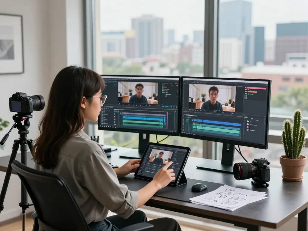 Content creator using the video to prompt tool in a modern workspace with dual monitors and natural light.
