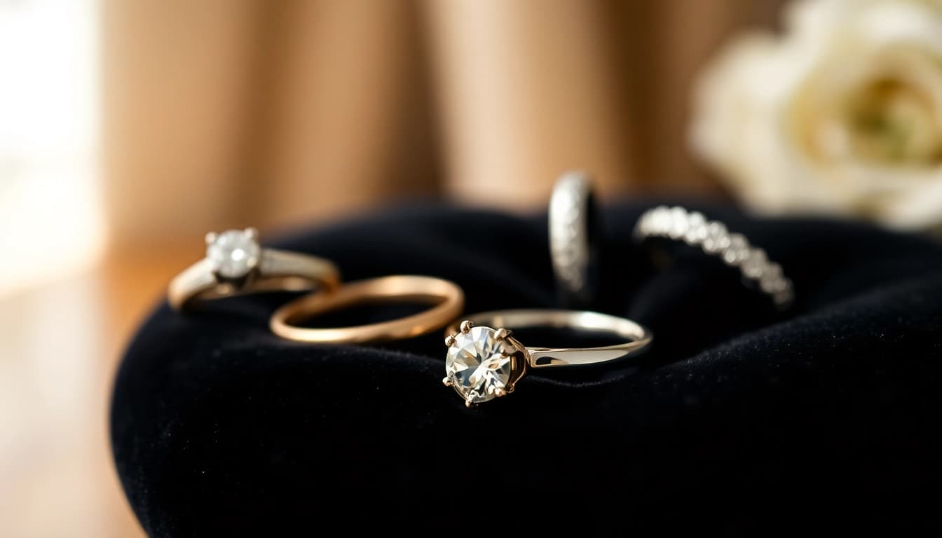 Stunning wedding rings including a diamond ring, showcased elegantly on velvet.