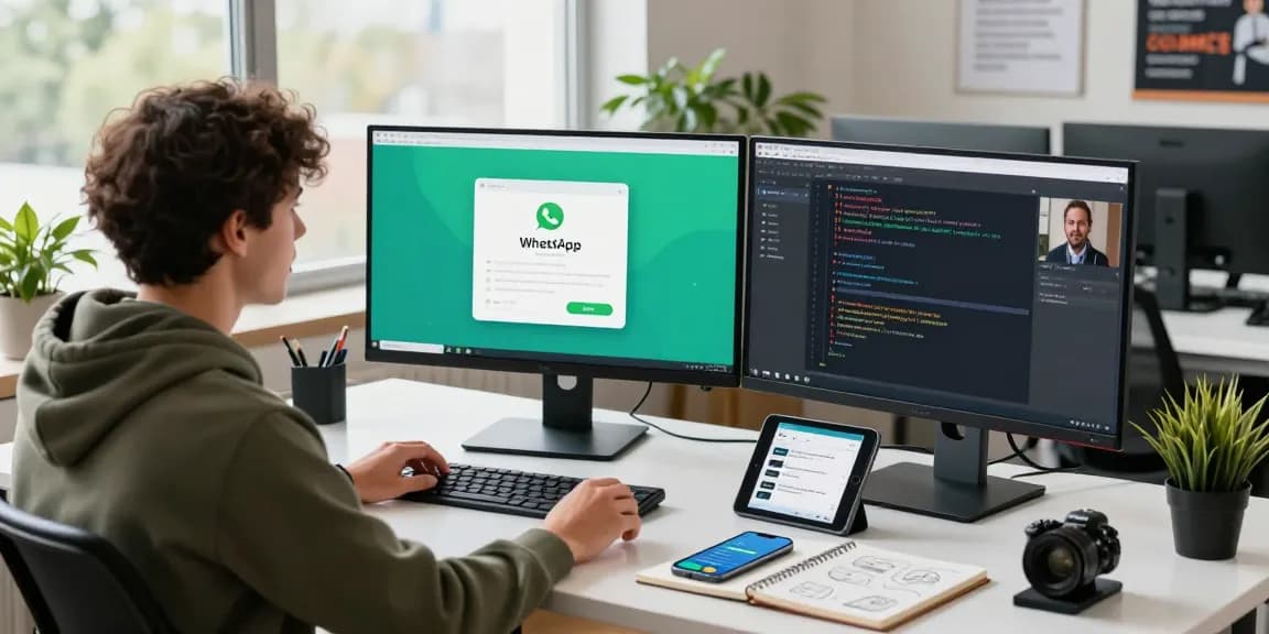 Tech workspace scene with WhatsApp下載 interface and developer collaborating online.