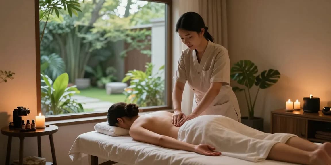 스웨디시 마사지 받는 모습과 아늑한 스파 환경을 담은 이미지입니다.