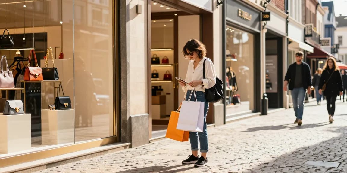 Fashionable shopper exploring high-quality items at a 레플리카 쇼핑몰 in an urban setting.