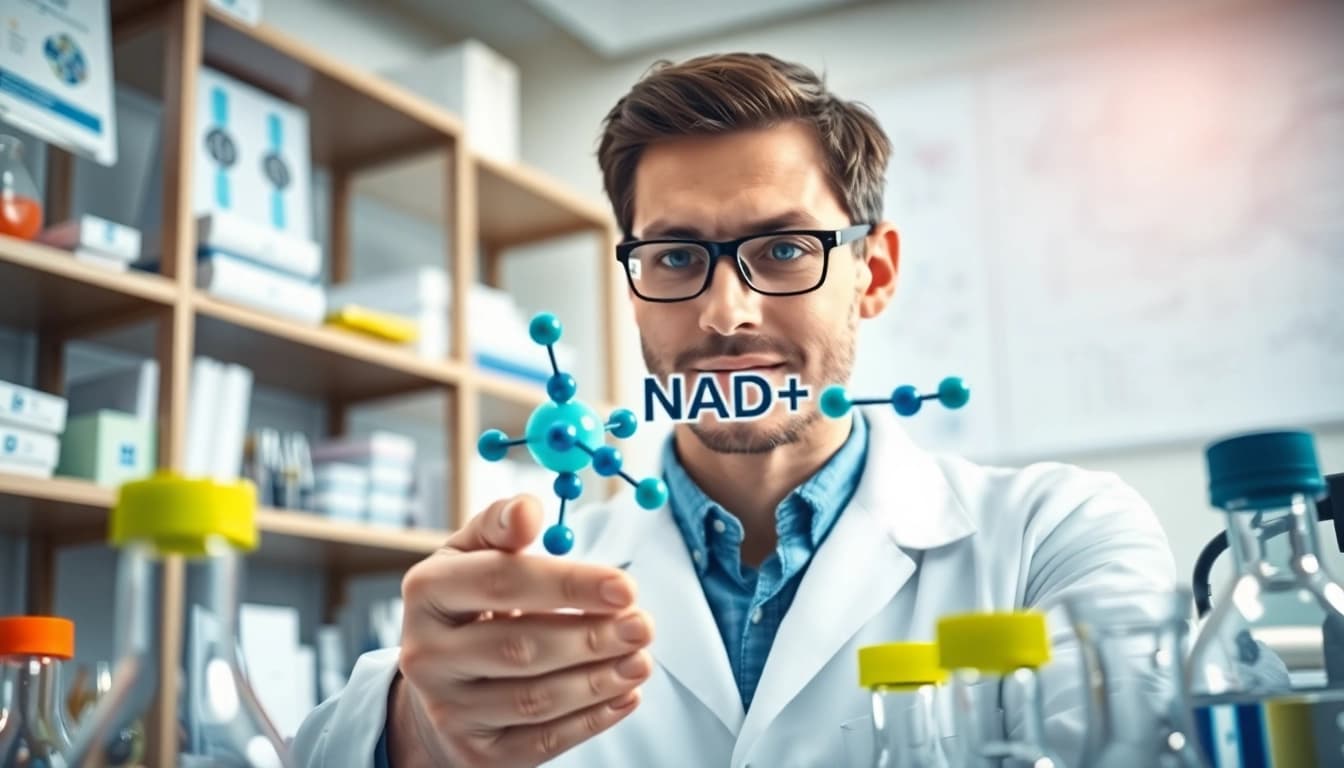NAD+ molecule prominently illustrated with a researcher in a lab analyzing it.