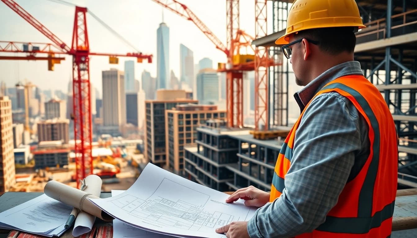 Manhattan General Contractor managing a vibrant construction site with cranes and workers efficiently.