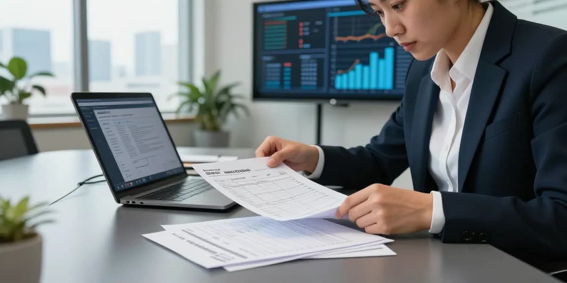 Detect fake invoice through professional document examination in a modern office setting.