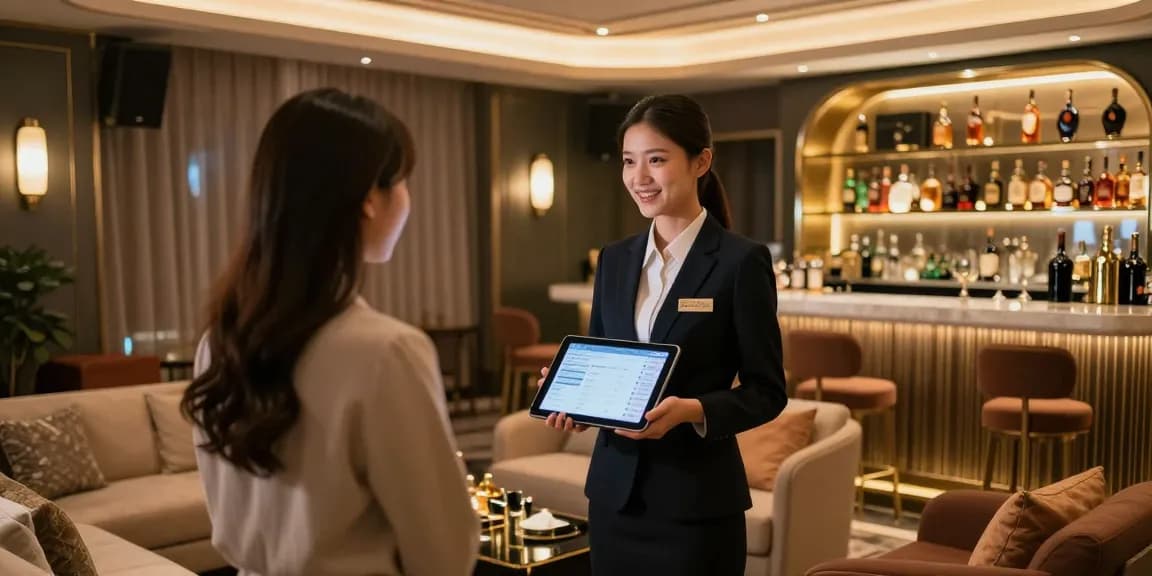 강남쩜오에서 프리미엄 가격 안내를 하는 친절한 안내원과 고급스러운 룸 환경을 조성한 이미지입니다.