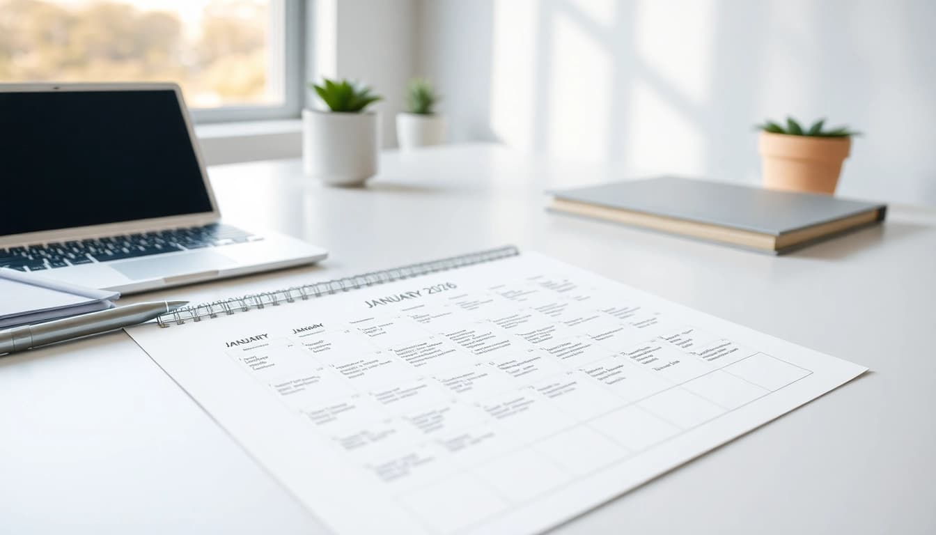 Downloadable 2026 calendar PDF showcased on a modern workspace.