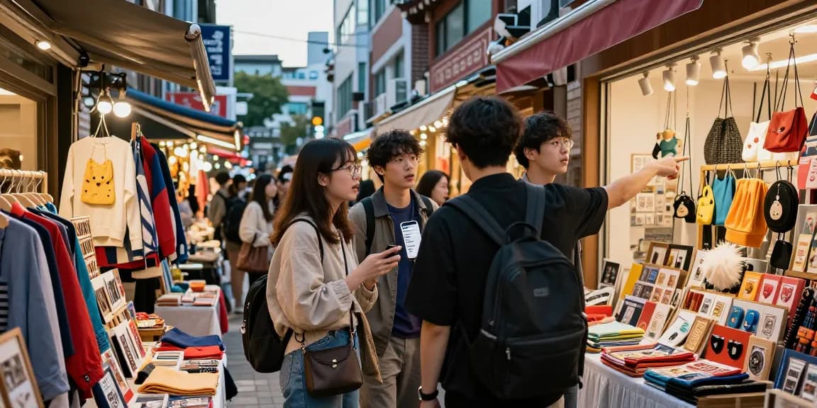 Diverse group exploring a vibrant marketplace in Seoul, showcasing local fashion and trendy shops while searching for information on businesses.