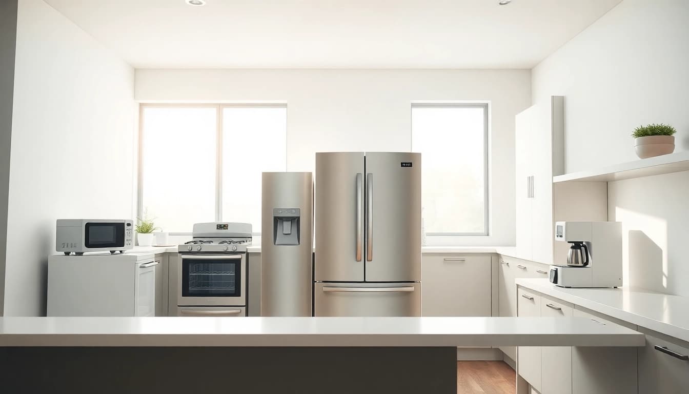 Showcase of home appliances in a modern kitchen, highlighting sleek design and functionality.