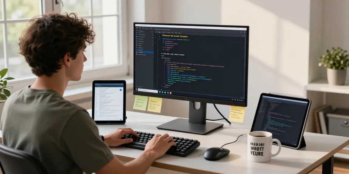 Engaging workspace showcasing 纸飞机下载 coding interface on a developer's monitor in a modern office.