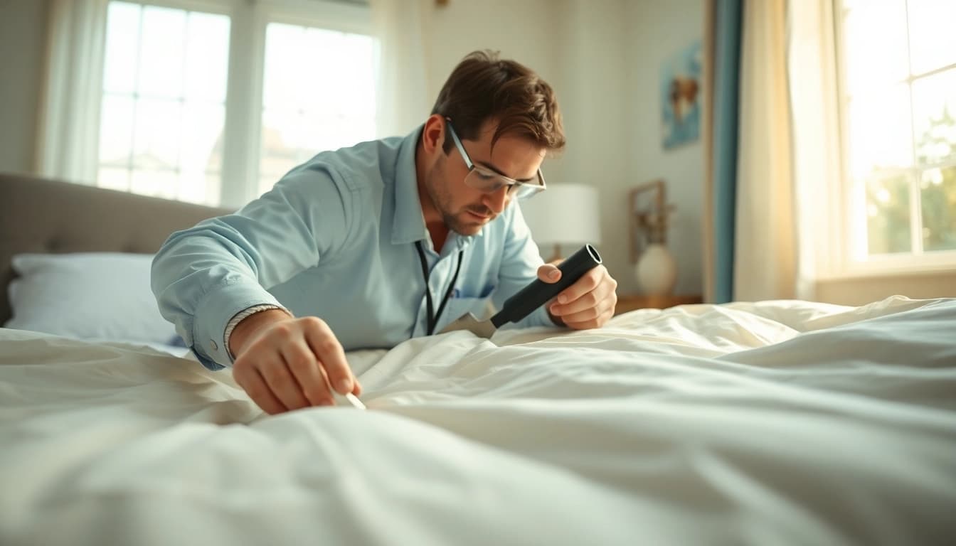 Inspecting bed bugs with professionals from the bed bug company near me in a cozy bedroom.