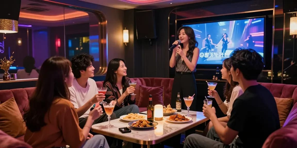 강남가라오케 프라이빗 룸에서 친구들과 함께 즐거운 시간을 보내는 모습