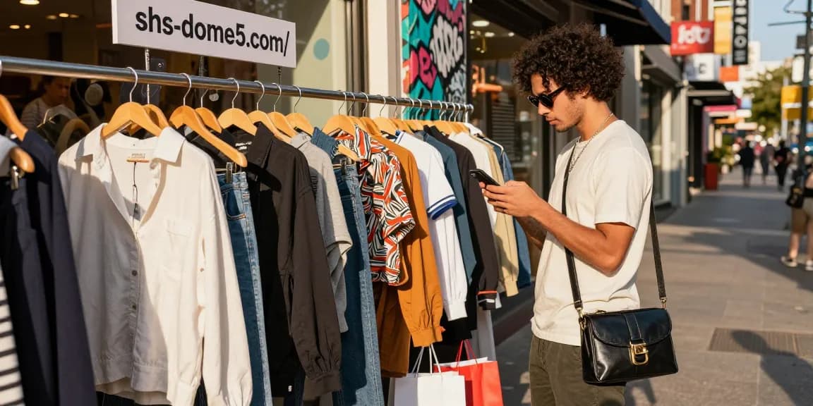 Browsing fashionable outfits on https://shs-dome5.com/ with urban background, creating a stylish shopping vibe.