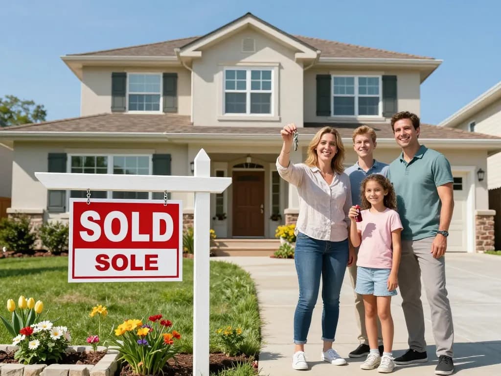 Sell my house today with a smiling family celebrating near their sold sign in front of a beautiful home.