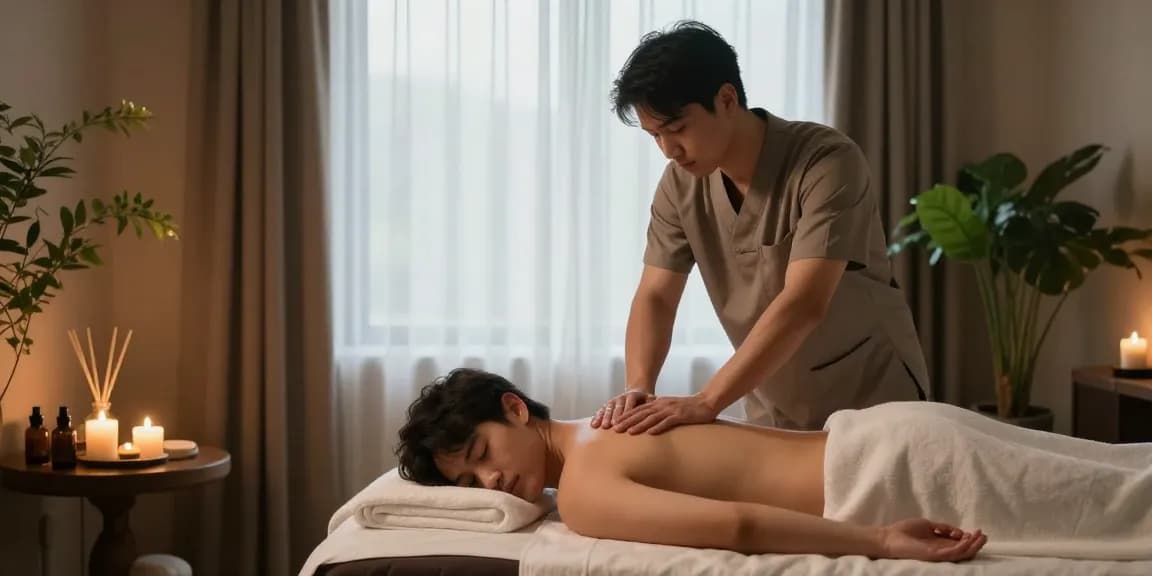 광주마사지 스웨디시 마사지 중인 남성 테라피스트와 고객의 편안한 스파 풍경