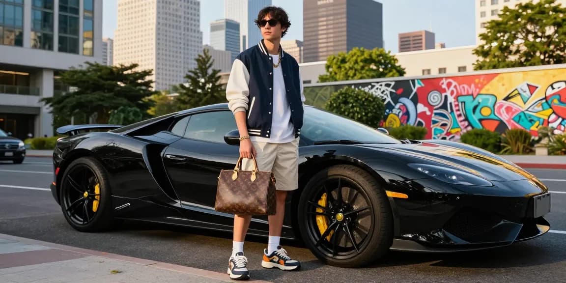 Stylish individual showcasing 명품 레플리카 fashion items in an upscale urban setting, reflecting luxury lifestyle.