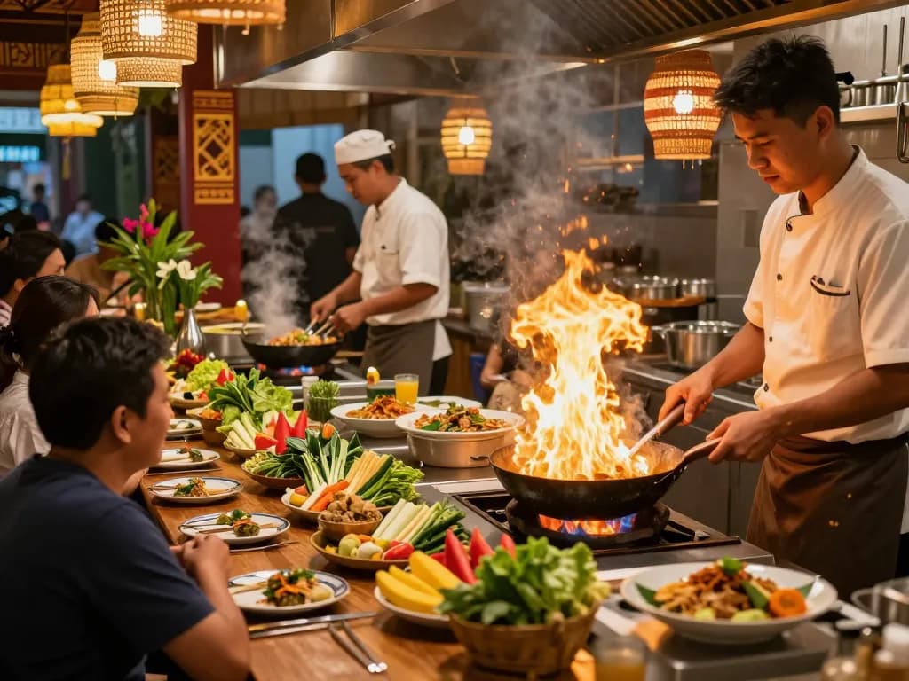 88Pulsa restaurant scene with chefs expertly preparing Asian and Thai cuisine during a busy dinner rush.