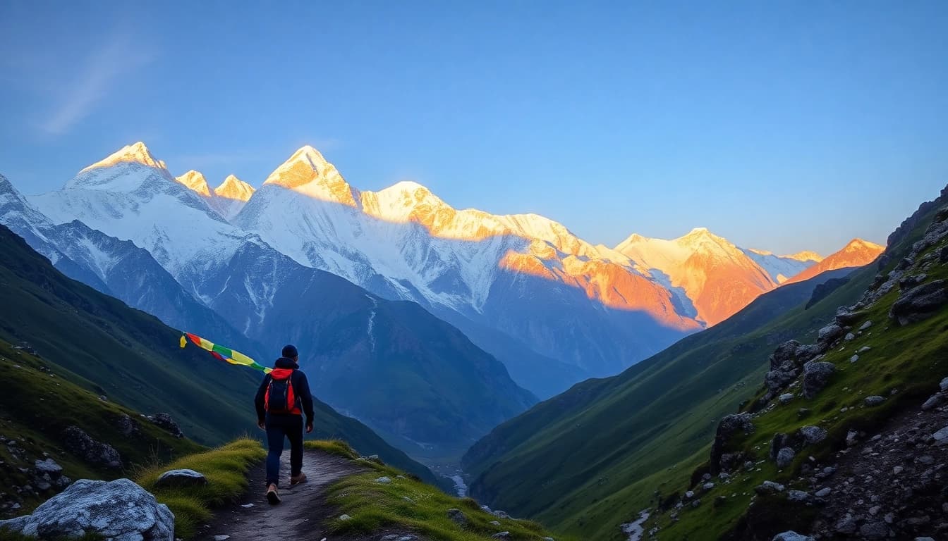 Stunning view of the Manaslu Circuit with a trekker, showcasing Mount Manaslu at dawn.