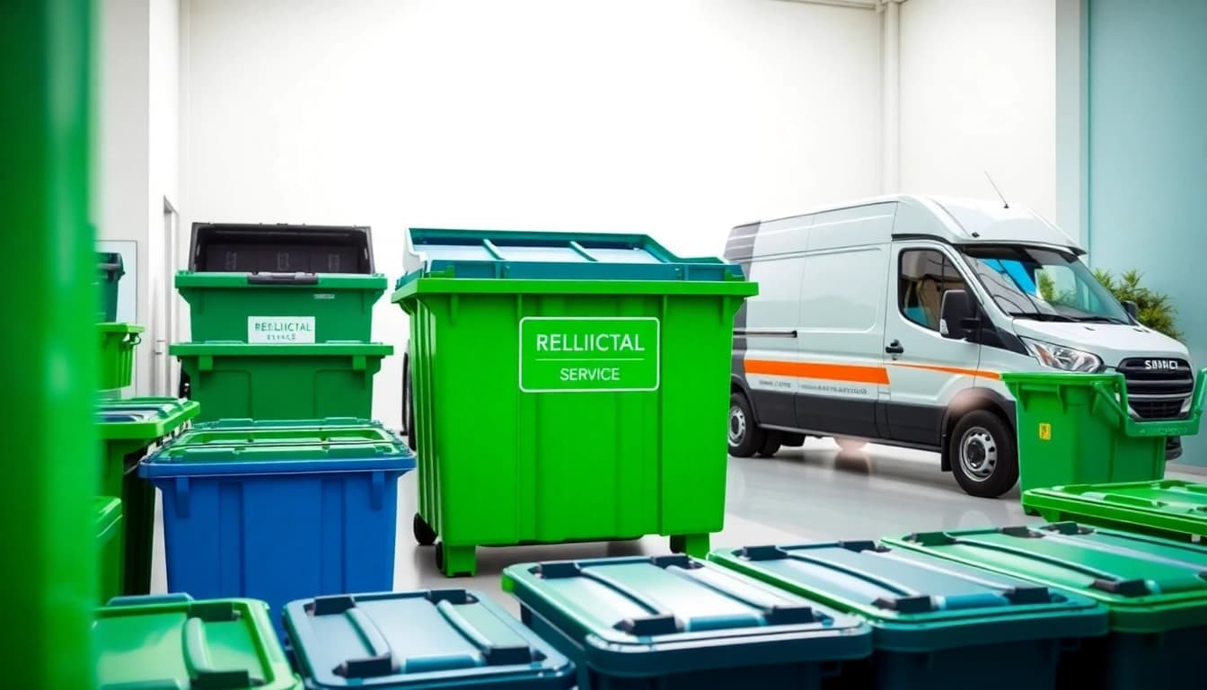 Residential bin rental service showcasing organized bins and a service vehicle in a clean environment.