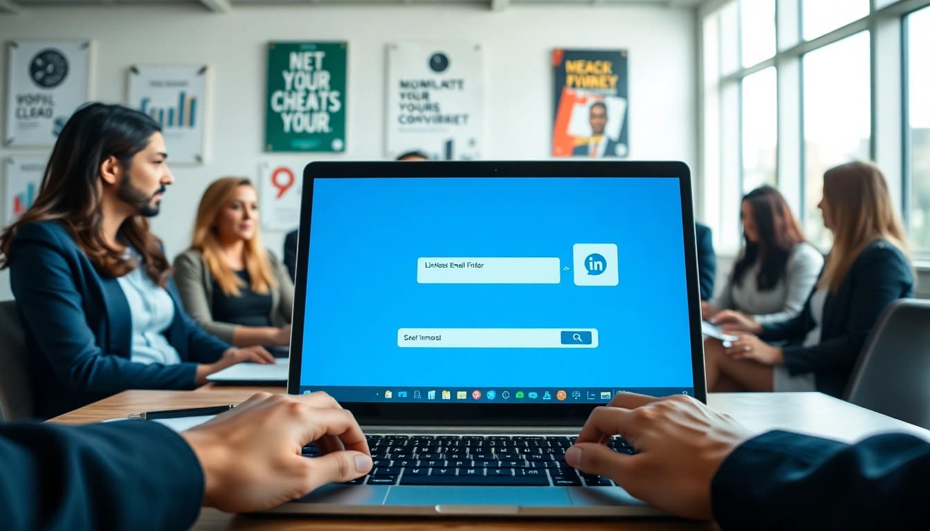 Utilize the linkedin business email finder tool on a laptop in a collaborative business environment.