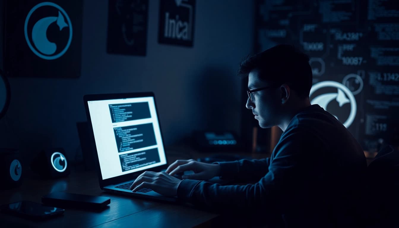 An individual exploring hidden wiki 1 on a laptop in a dimly lit room, symbolizing the dark web experience.